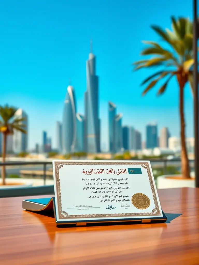 An image of a Saudi business license, prominently displayed, with a blurred background of a modern Saudi cityscape.