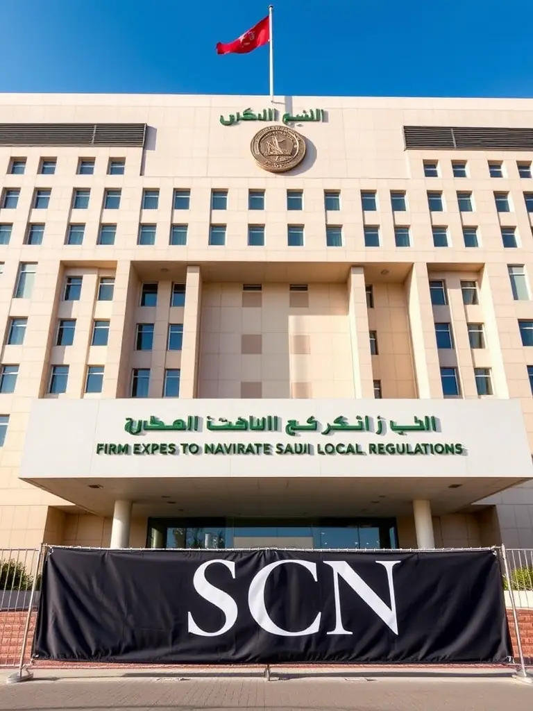 A Saudi government building with the SCN logo subtly incorporated, representing the firm's expertise in navigating local regulations.