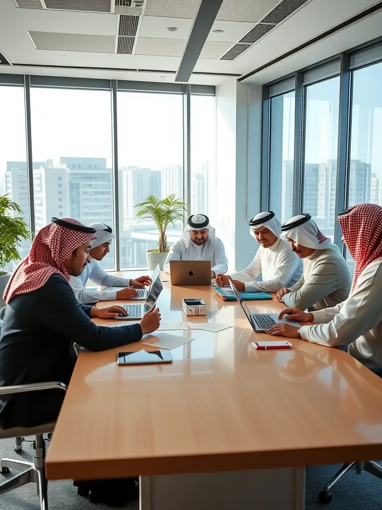 A modern office space in Riyadh with Chinese and Saudi employees collaborating, symbolizing successful local execution and ongoing support.