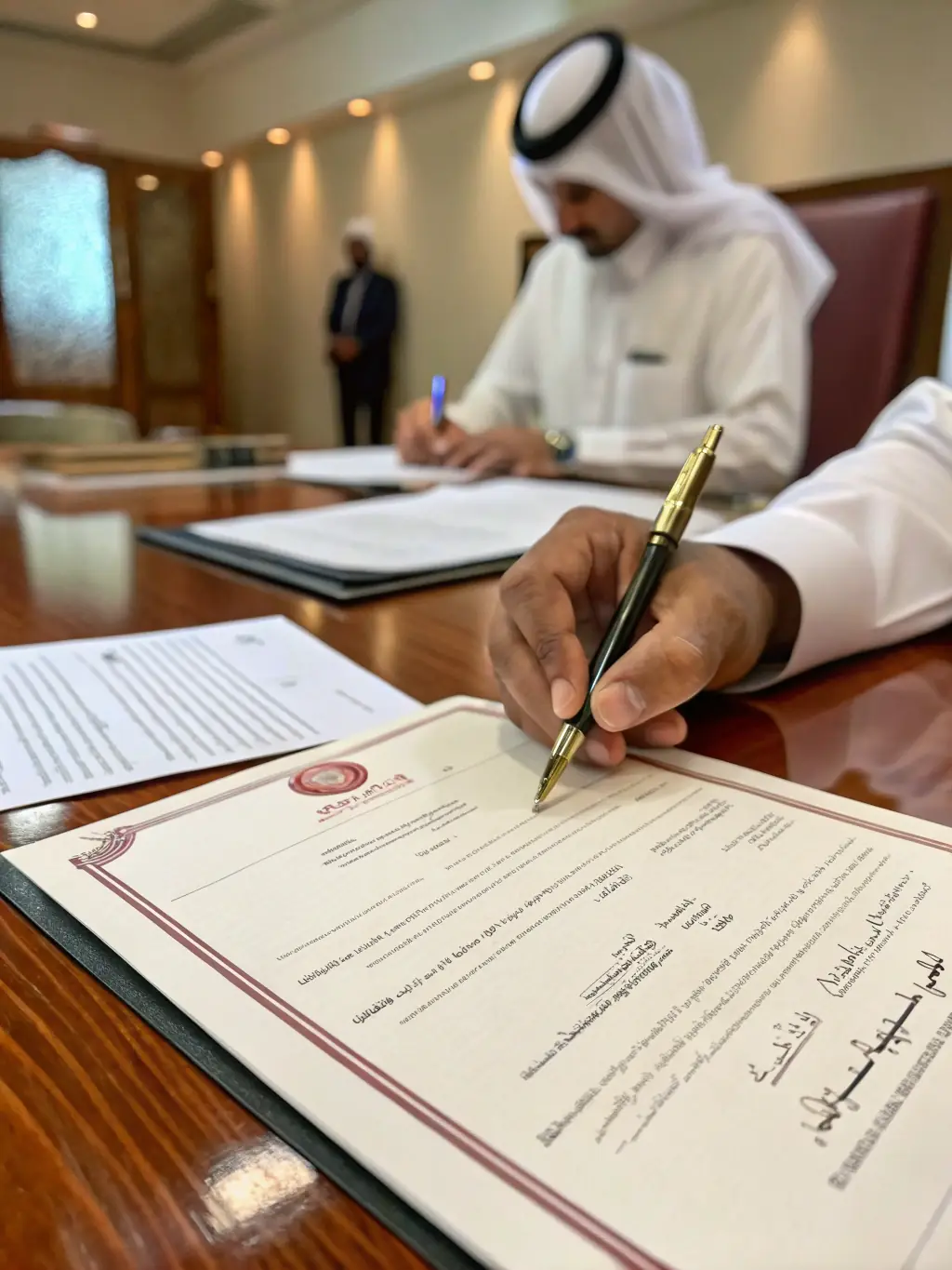 A professional photo of official documents being signed, symbolizing company registration in Saudi Arabia, with a subtle Saudi Arabian flag in the background.