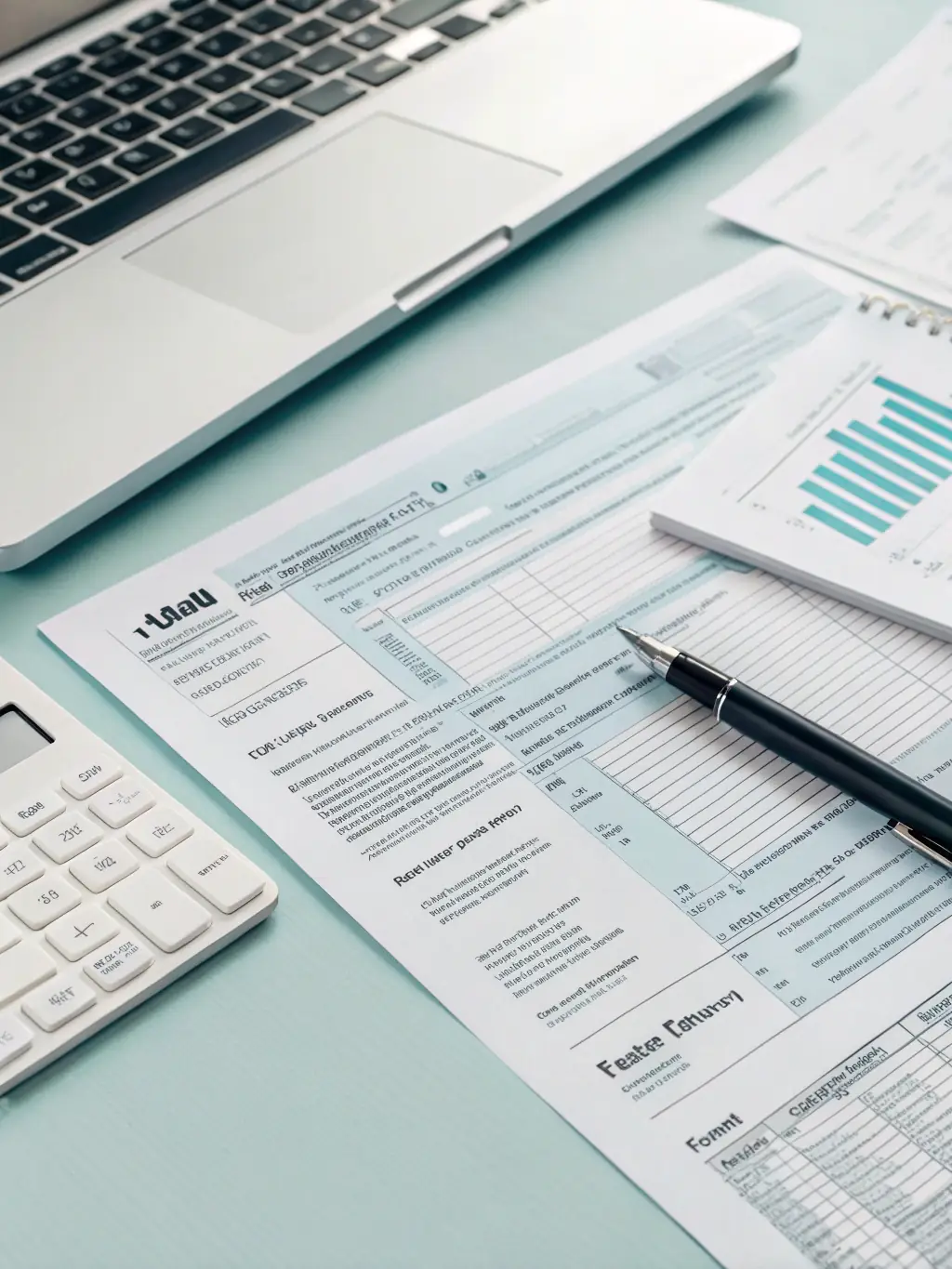 A clean, modern graphic representing financial statements and tax documents, with a calculator and pen subtly placed.